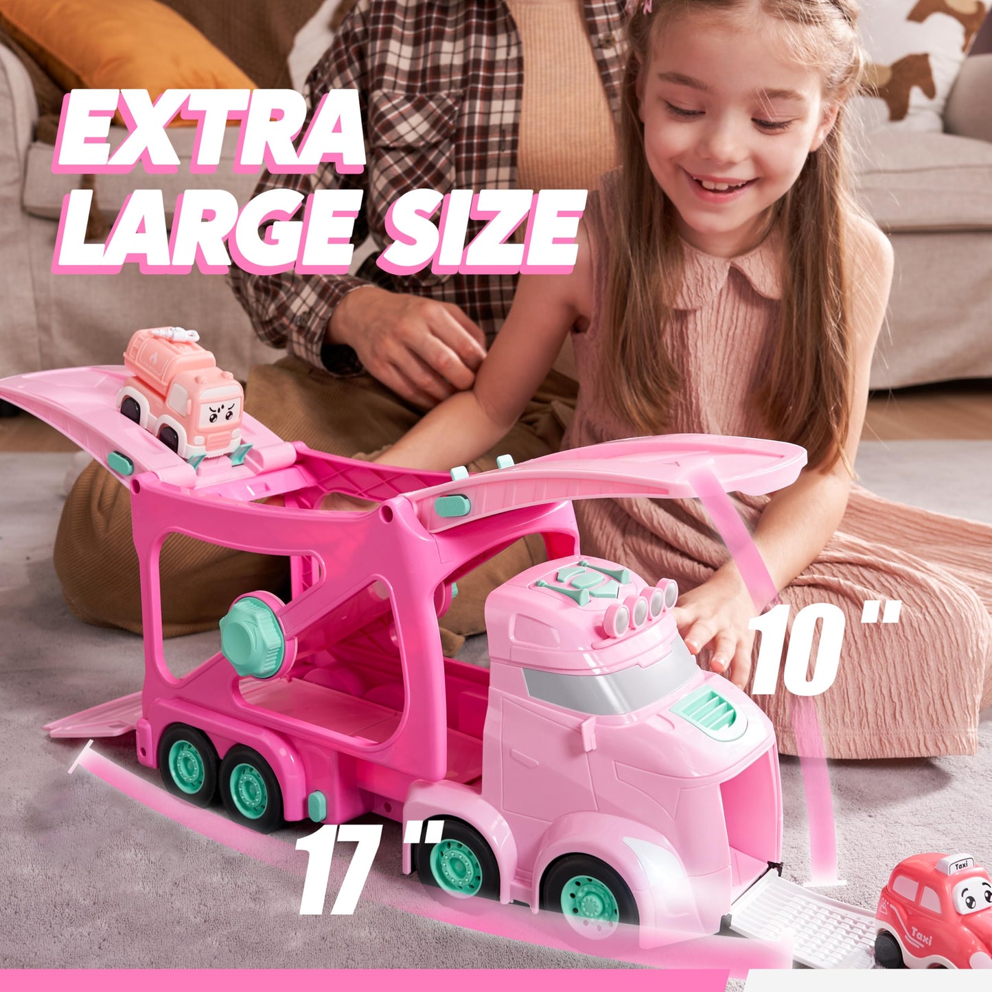 VROOMIX 3-Layer Extra Large Princess Pink Truck Toys for Girls, 7-in-1 Big Transport Vehicle Carrier Truck with Directional Trac