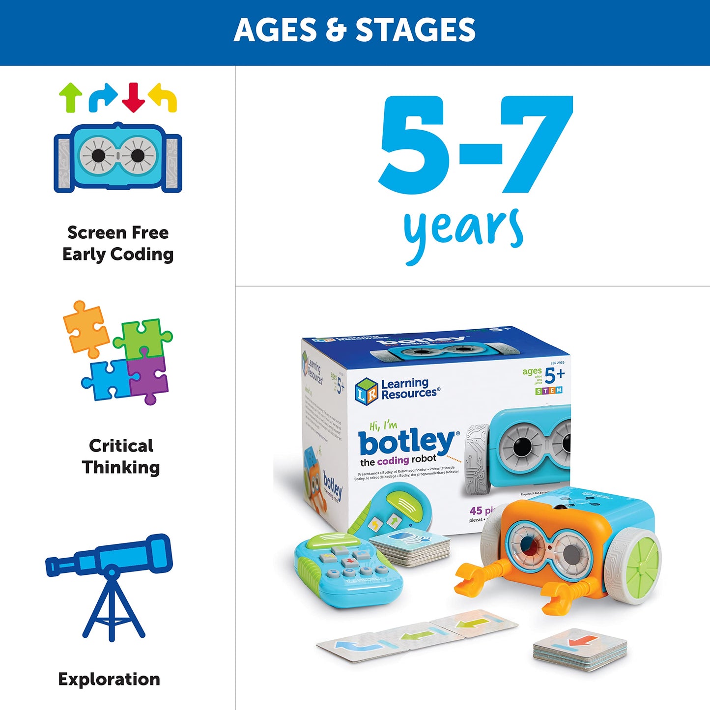 Learning Resources Botley Coding Robot - 45 Piece Set, Multicolor, Ages 5+ - LER2936, Plastic Educational Games for Kids