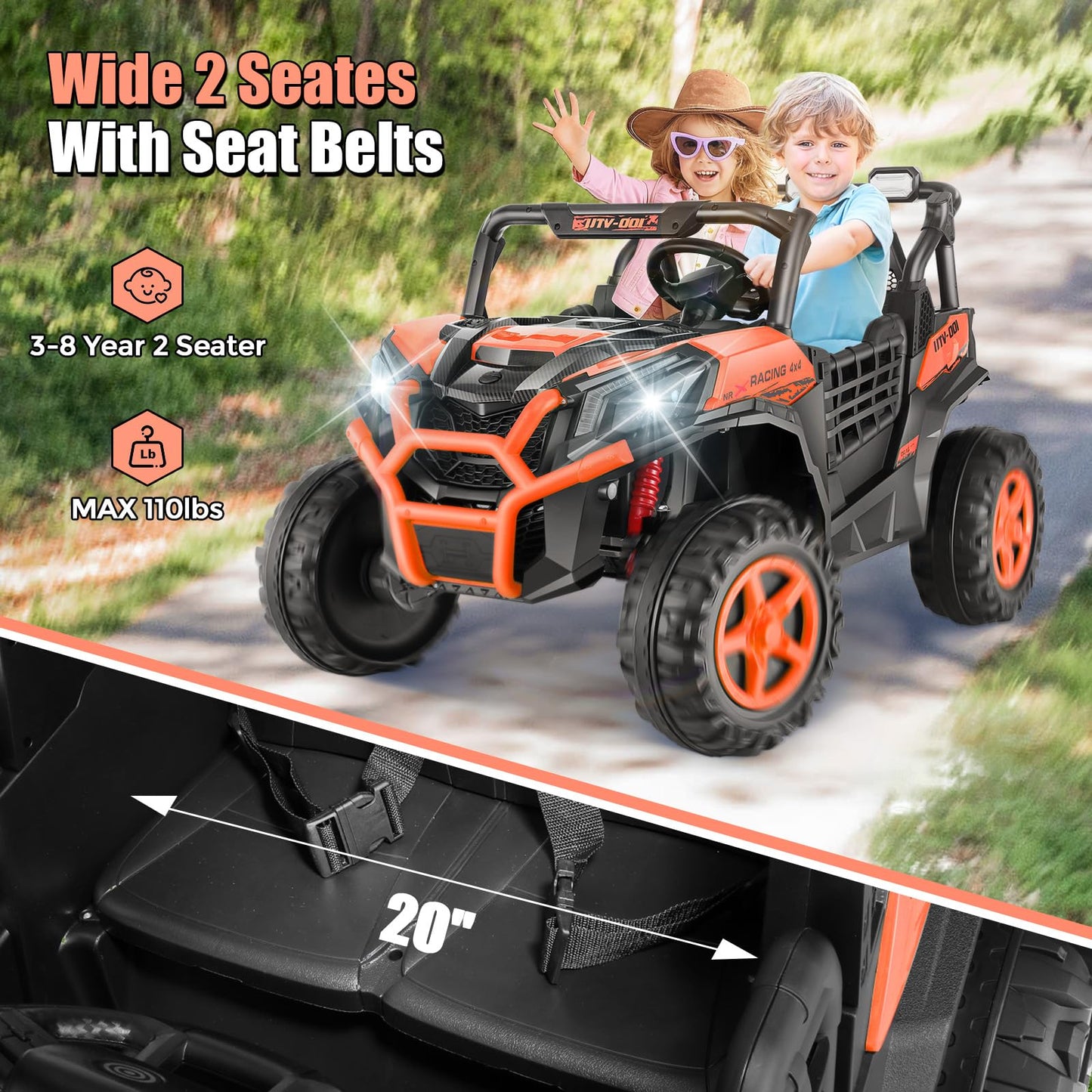 Hikole 24V Ride On Toys For Big Kids, 2 Seater Power Wheels 24V Electric Truck W/Remote Control, 20'' Spacious Seat, 4 Shock Abs
