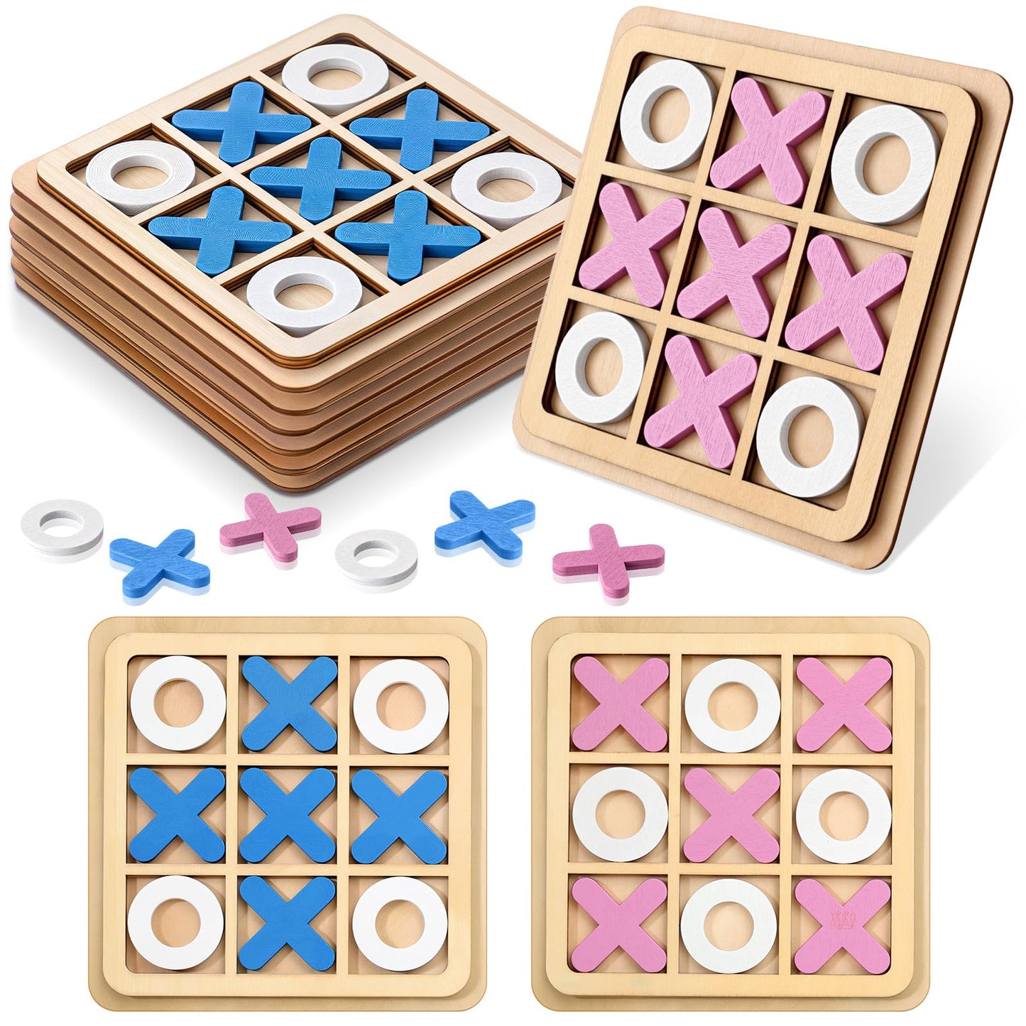 Meooeck 6 Pieces Wooden Tic Tac Toe Game Mini Board Game XO Chess Board Family Toys Birthday Party Favors, Goody Bag Stuffers (C