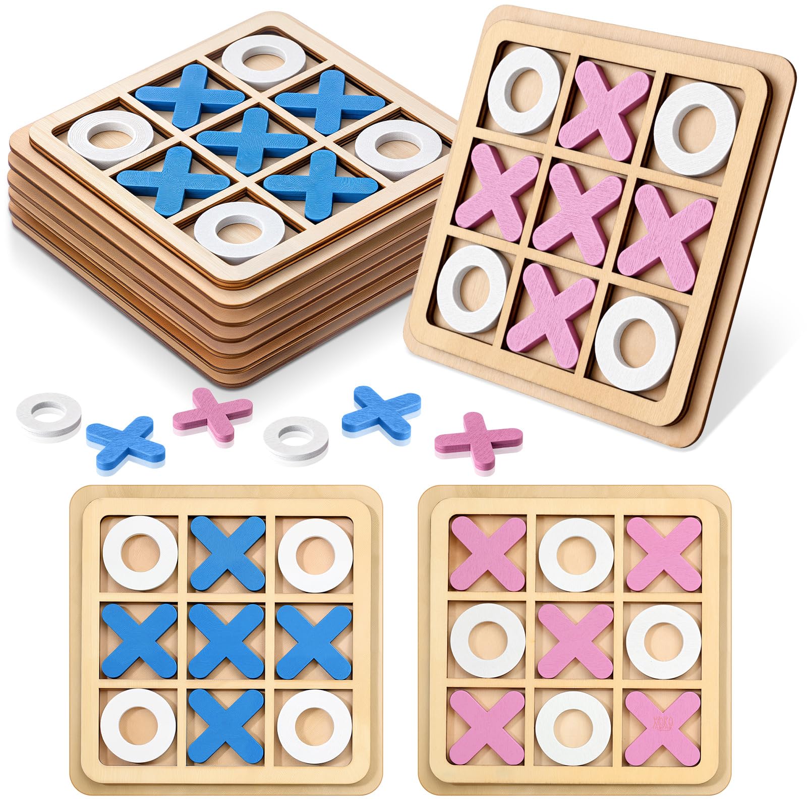 Meooeck 6 Pieces Wooden Tic Tac Toe Game Mini Board Game XO Chess Board Family Toys Birthday Party Favors, Goody Bag Stuffers (C