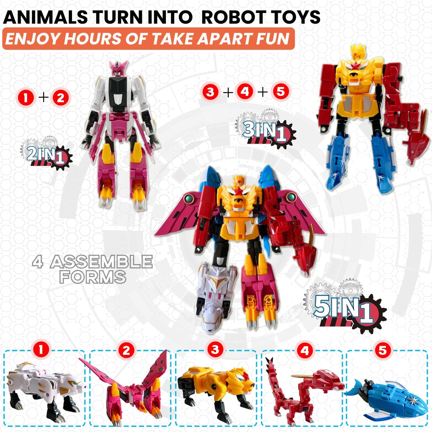 Wenbeier Animals 5-In-1 Combined Large Robot Toys Take Apart Toys -5 Action Figures Including Lion Dragon Whale Phoenix Bear Combine Into A Robot Deformation Toys Or Kids Ages 6 7 8 9 10(10“)