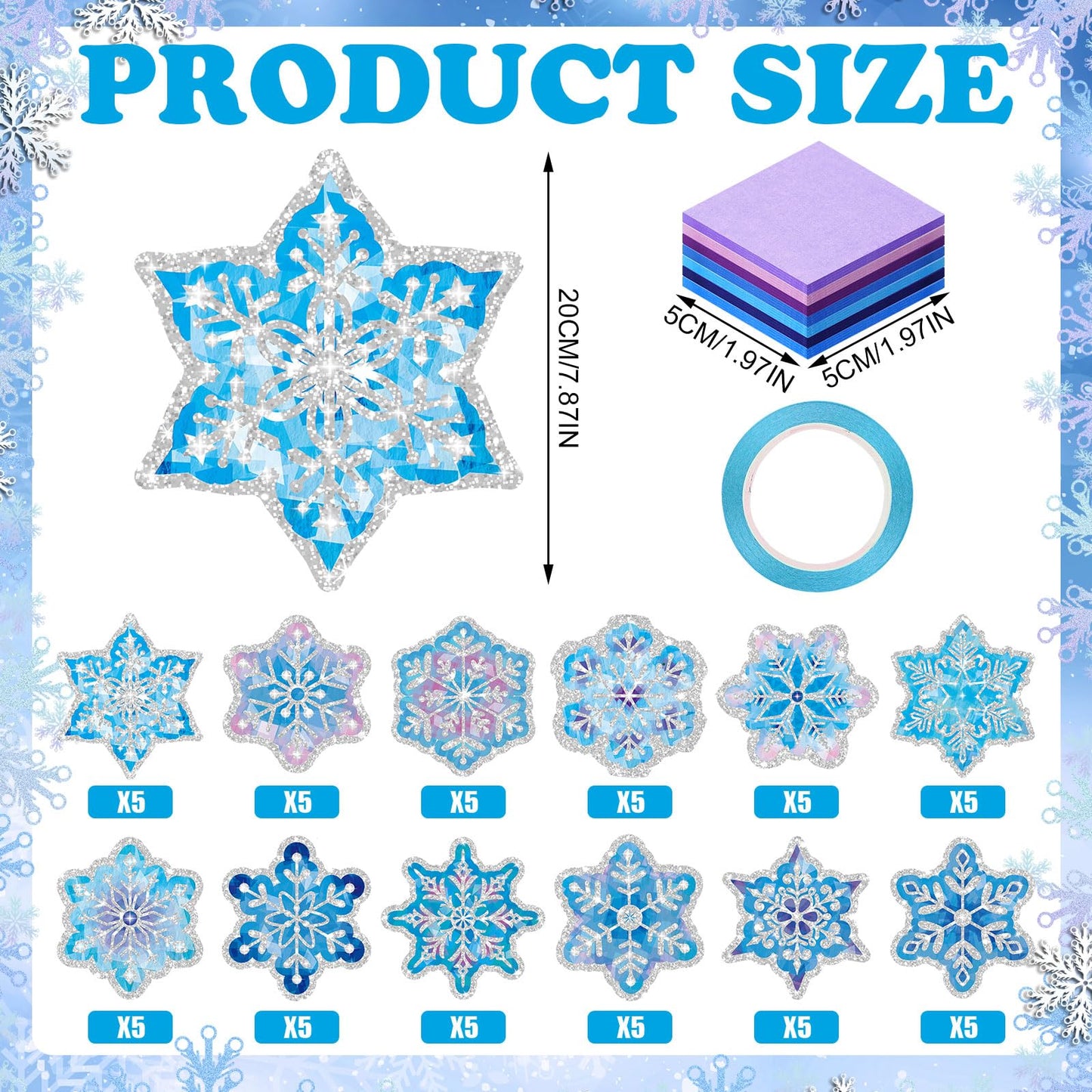 DoubleFill Snowflakes Suncatchers Craft Kit - 60 Sets, 7.87" Multicolor Tissue Paper for DIY Winter Window Art