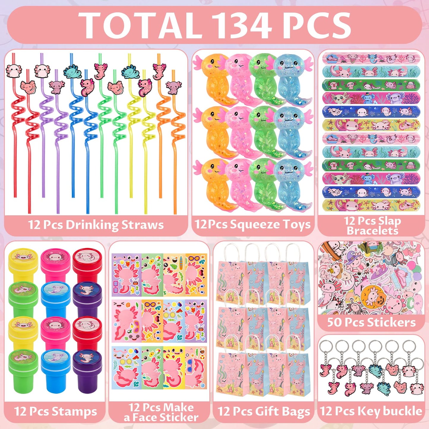 LiYiQ 134 Pcs Axolotl Party Favors Set - Straws, Keychains, Stickers, Gifts for Birthday Party Supplies