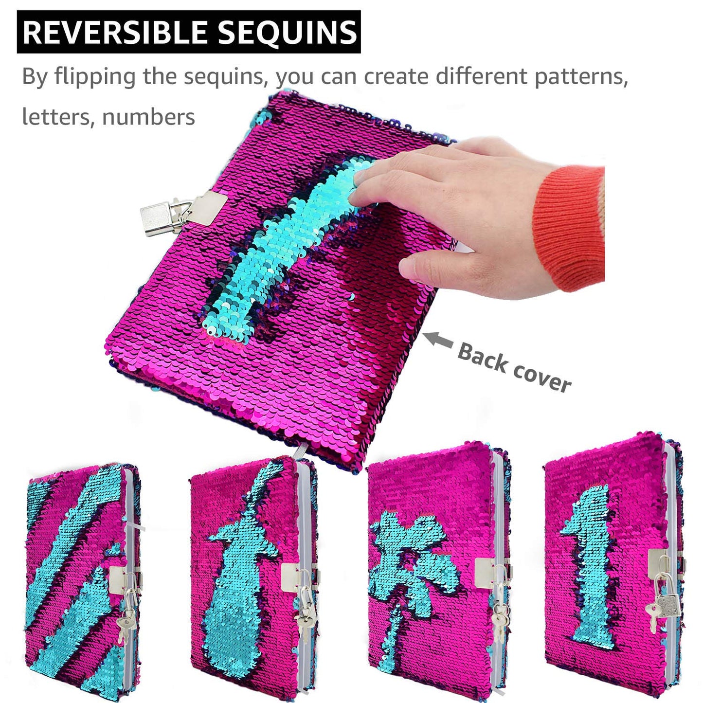 Vipbuy Magic Reversible Sequin Notebook Diary Lined Travel Journal With Lock And Key For Kids Girls, Size A5 (8.5” X 5.5”), 78 Sheets (Star)