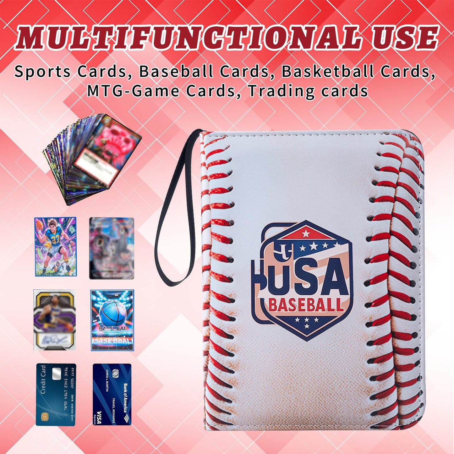 Trugq Baseball Card Binder,9 Pocket Sports Card Binder With 50 Removable Sleeves Can Hold 900 Cards,3-Ring Zipper Baseball Card