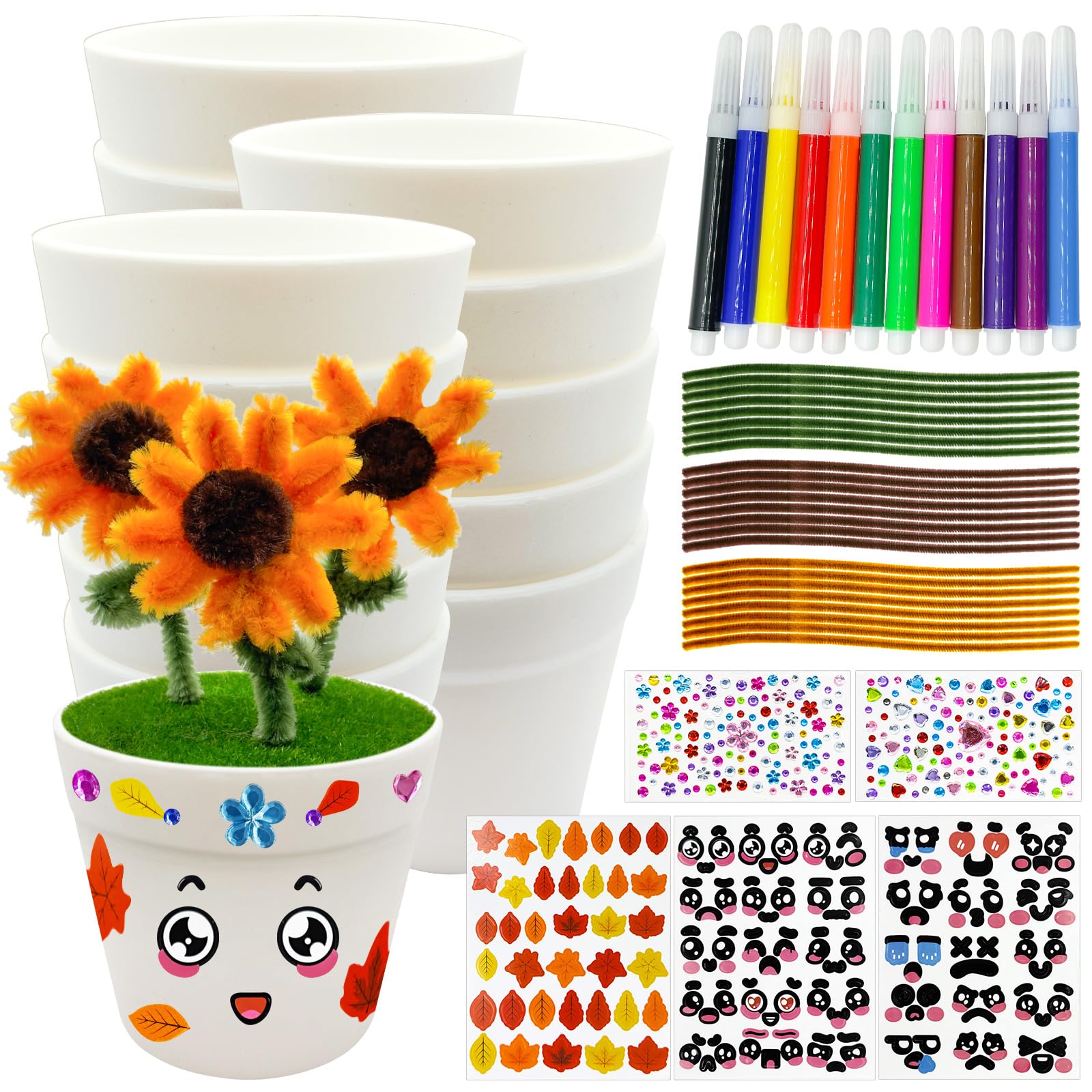 24 Set Garden Pot Craft Kit DIY Sunflower Plant Crafts Pot with Pipe Cleaners Stickers Fall Craft Kit for Fall Thanksgiving Autu