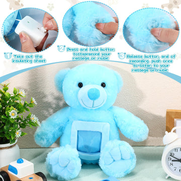 Leyndo Bear With Voice Recording Remembrance Stuffed Animal With Picture Recordable Messages Memorial Toy For Baby Shower Birthday Gift, Recording Gifts(14 Inch,Blue)
