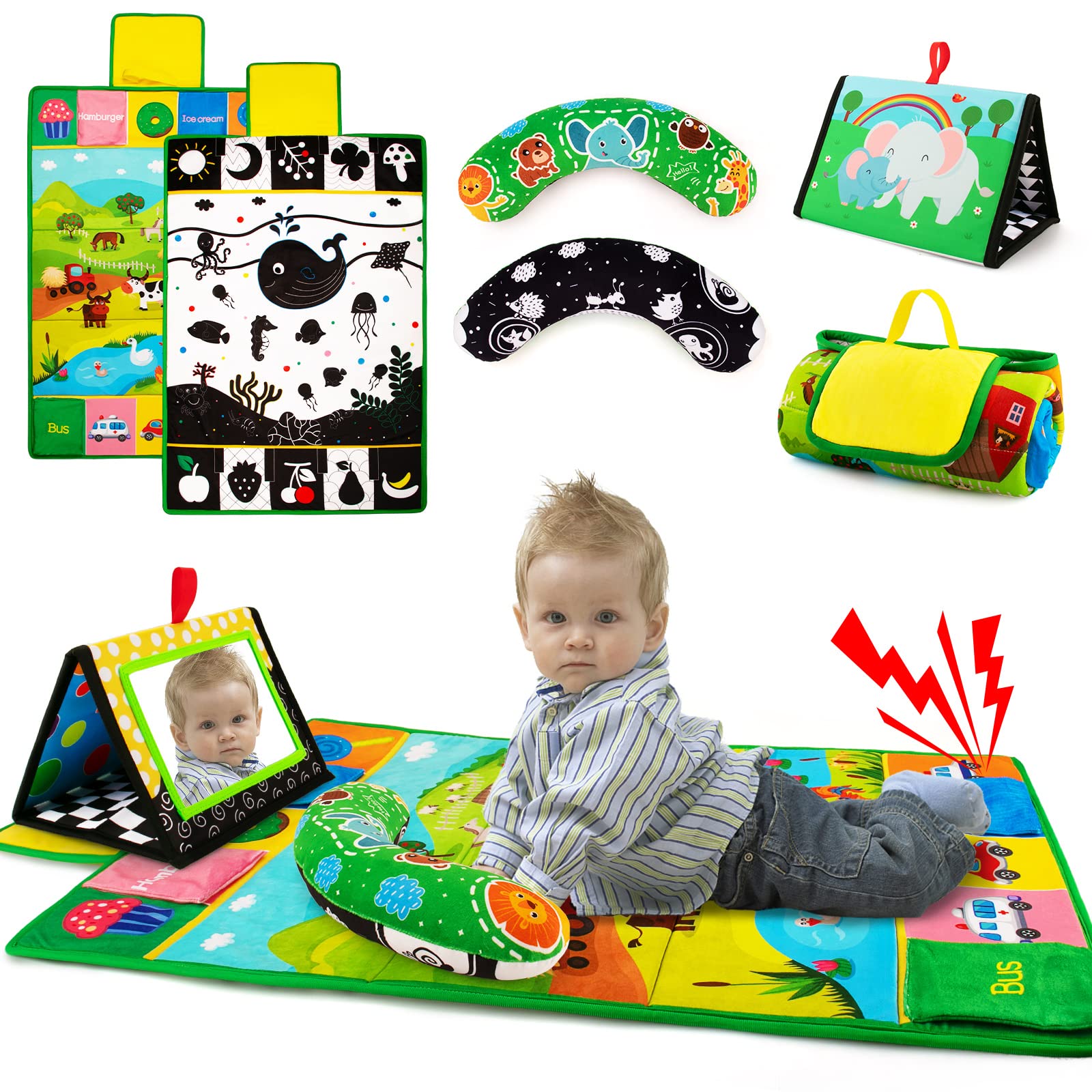 Inbeby Tummy Time Mirror & Play Mat & Pillow 3-In-1, High Contrast Black And White Baby Toys, Activity Mat For Early Education, Newborn Infant Tummy Time Toy Set For 0 3 6 12 Month Crinkle/Squeake