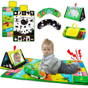 Inbeby Tummy Time Mirror & Play Mat & Pillow 3-In-1, High Contrast Black And White Baby Toys, Activity Mat For Early Education, Newborn Infant Tummy Time Toy Set For 0 3 6 12 Month Crinkle/Squeake