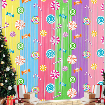 Blosssound 2 Packs Candyland Party Decorations 3.3 x 6.6 ft Christmas Candy Foil Fringe Curtain Lollipop Tinsel Streamers for Ch