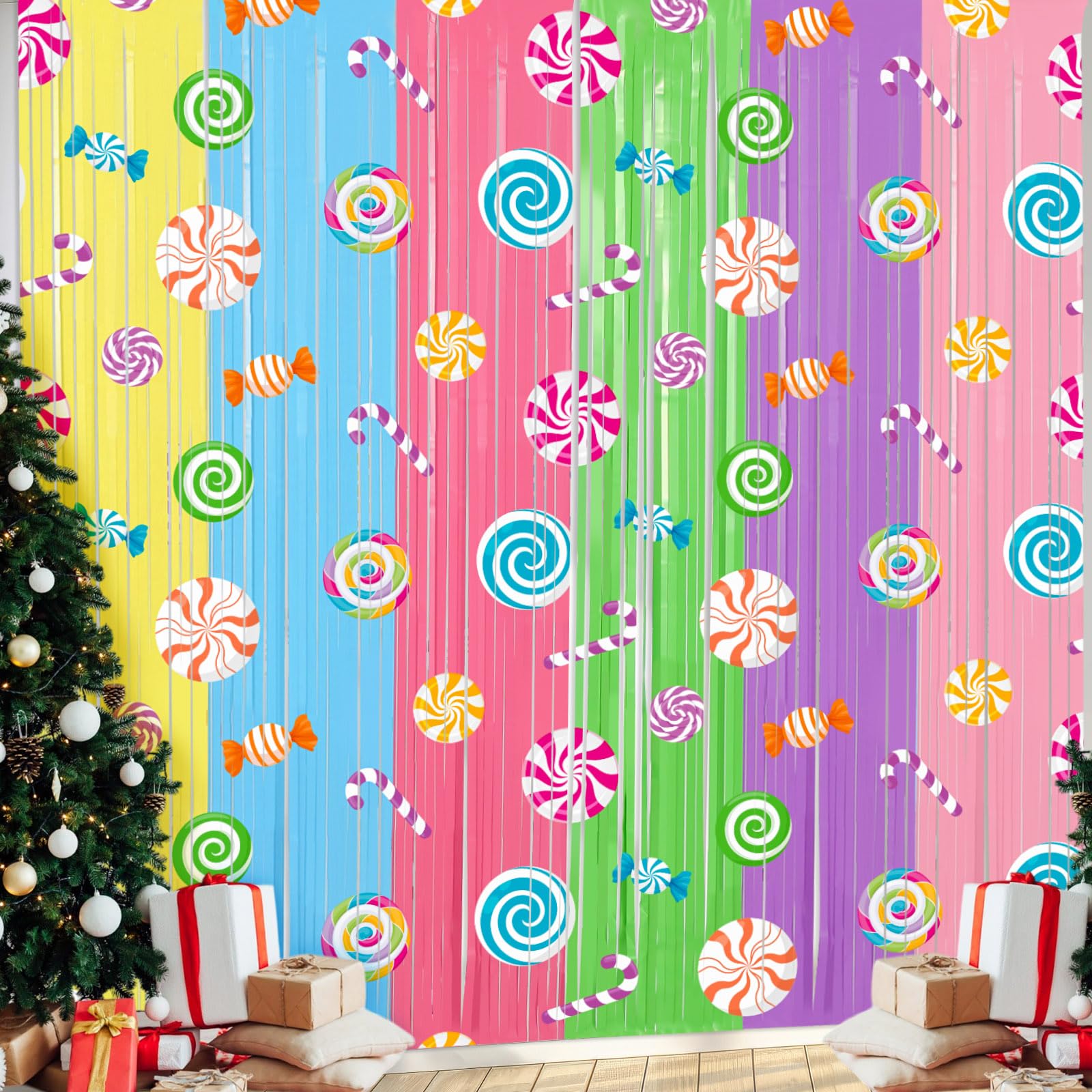 Blosssound 4 Packs Candyland Party Decorations 3.3 x 6.6 ft Candy Foil Fringe Curtain Dark Lollipop Tinsel Streamers for Lollipo
