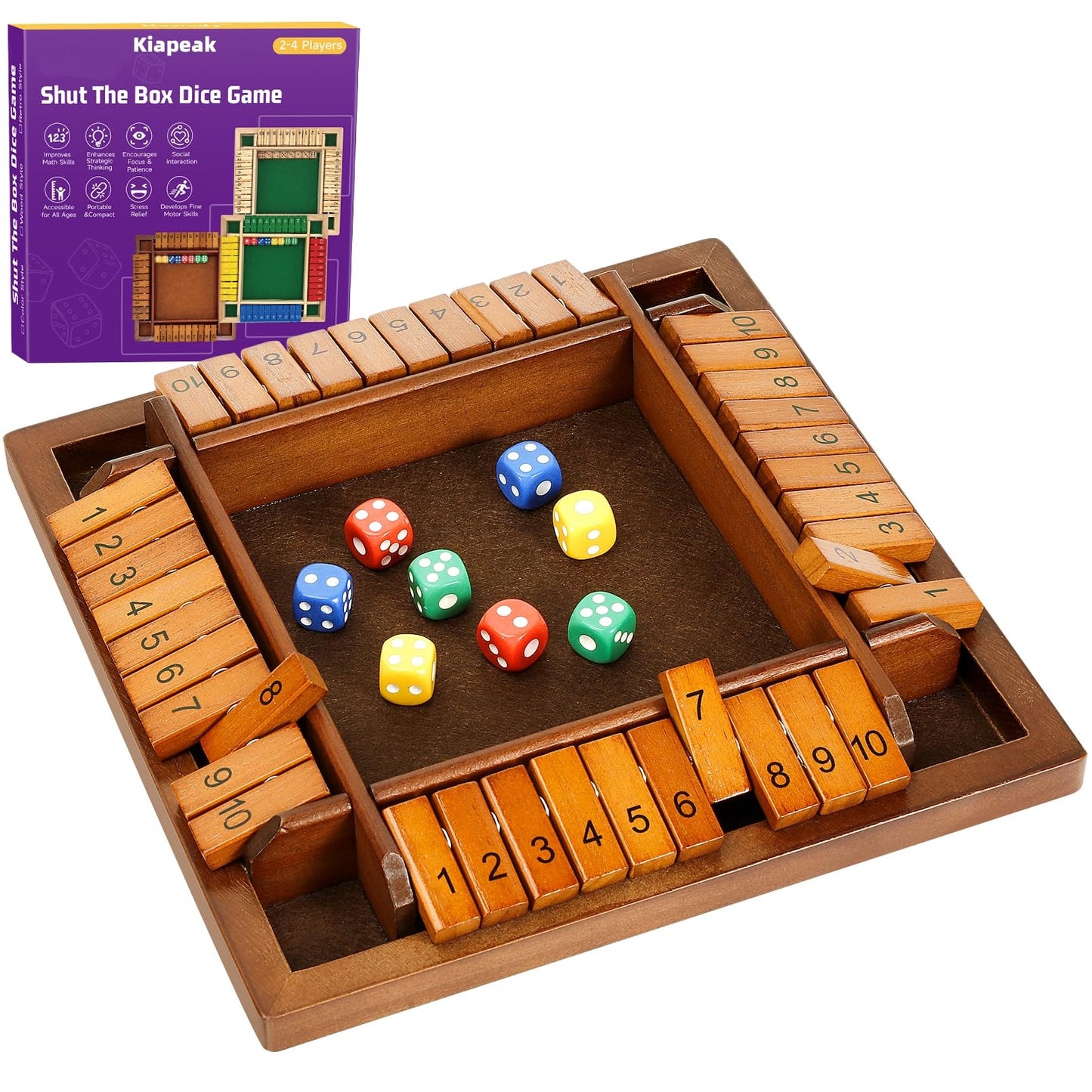 Kiapeak Shut The Box Dice Game, 10 Numbers Traditional Wooden Pub Bar Board Game, Family Classics Tabletop Version Games For Cla