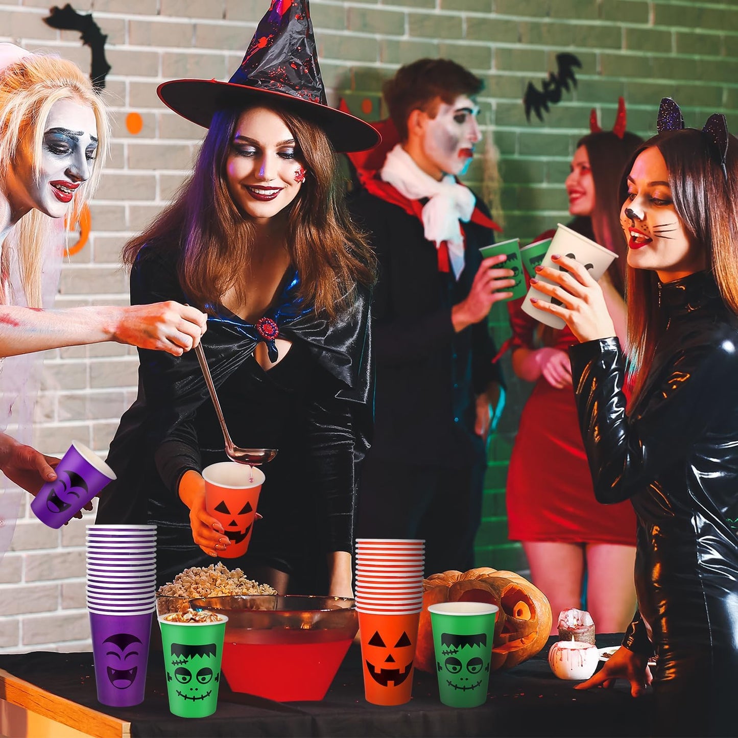 100 Pcs Halloween Party Cups 12 oz Pumpkin Vampire Bat Ghost Paper Cups Disposable Halloween Cups for Hot Cold Drinks Trick or T