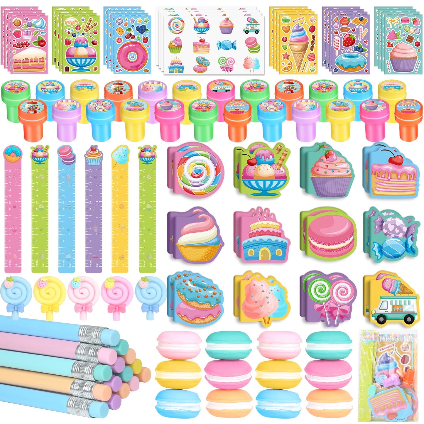 BenLouis 192Pcs Candyland Party Favors Ice Cream Donut Mini Notebook Stampers School Stationery Bulk for Kids Lollipop Sweet Tre