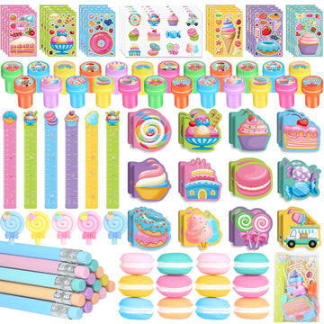 BenLouis 192Pcs Candyland Party Favors Ice Cream Donut Mini Notebook Stampers School Stationery Bulk for Kids Lollipop Sweet Tre