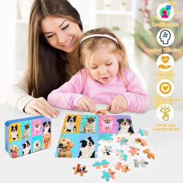 LELEMON 60 Piece Dog Puzzles for Kids Ages 4-8, Educational Jigsaw Puzzle in Metal Box - Fun Learning Toy for Boys & Girls