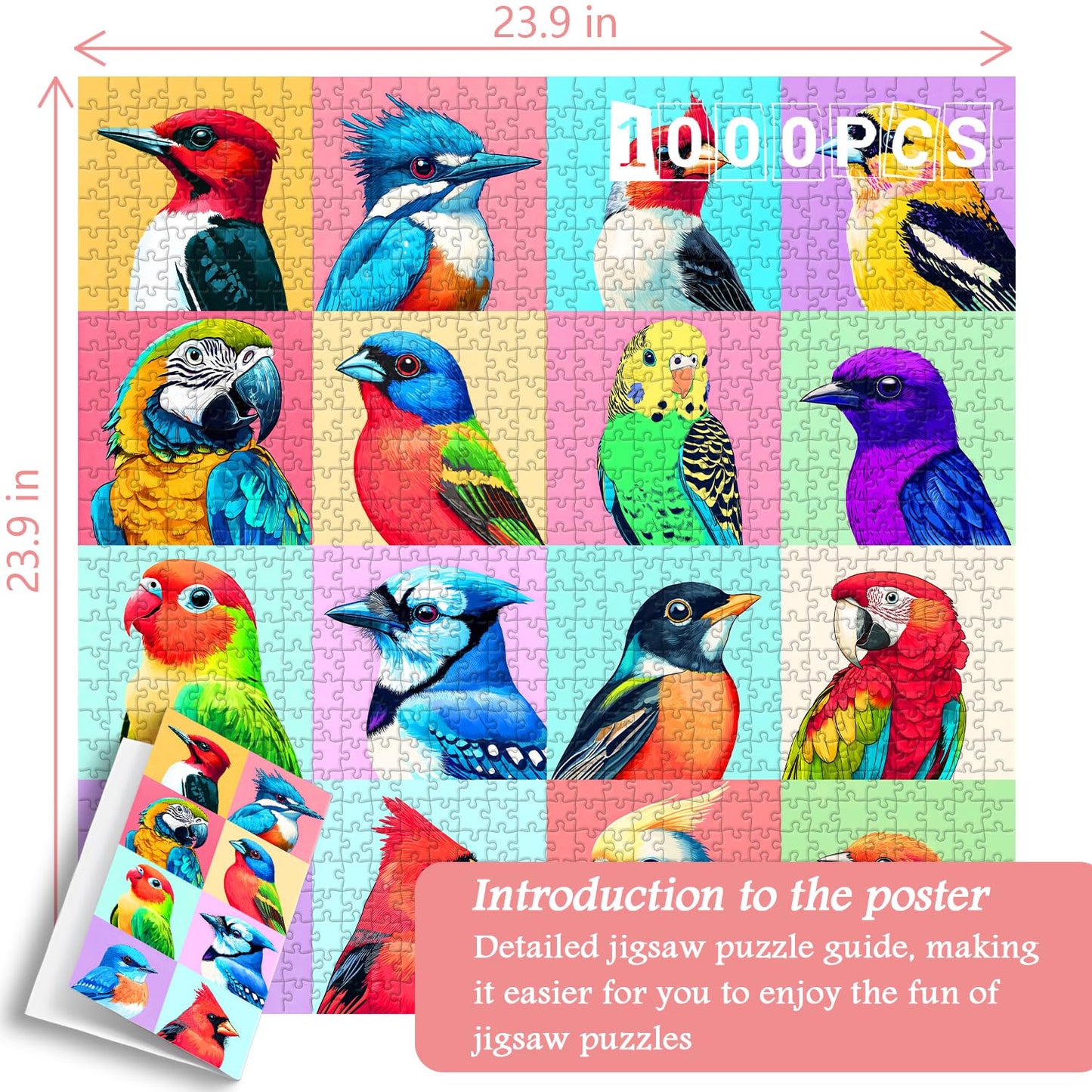 PICKFORU Birds Puzzles for Adults 1000 Pieces, Colorful Animals Jigsaw Puzzles Cardinal Blue Jay, Cute Parrot Puzzle as Wall Dec