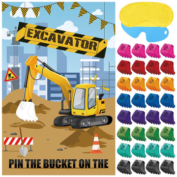 Hooqict Pin The Bucket On The Excavator Construction Party Games For Kids Boys Birthday Party Pin The Games Construction Party Decorations Supplies, Large Excavator Poster With 32 Stickers