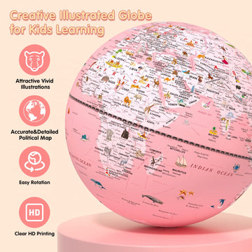 Jowhol Pink Globe For Kids Learning Illuminated Globes Of The World With Stand & Animals Illustrations Earth World Globe Night L