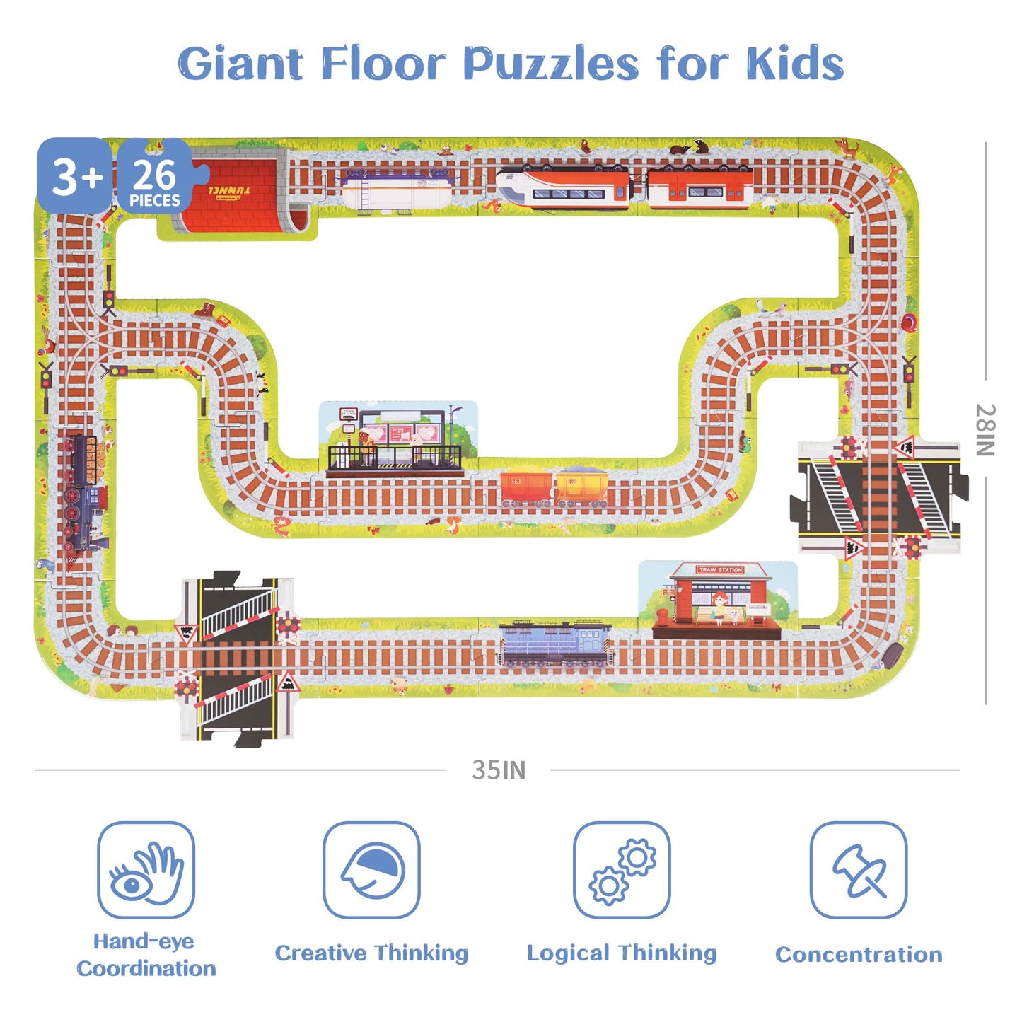 Toi Gaint Floor Puzzle For Kids Ages 3 And Up, 2X3 Feet Railway Floor Puzzles For Toddlers 3-5, Extra Large Preschool Learning J