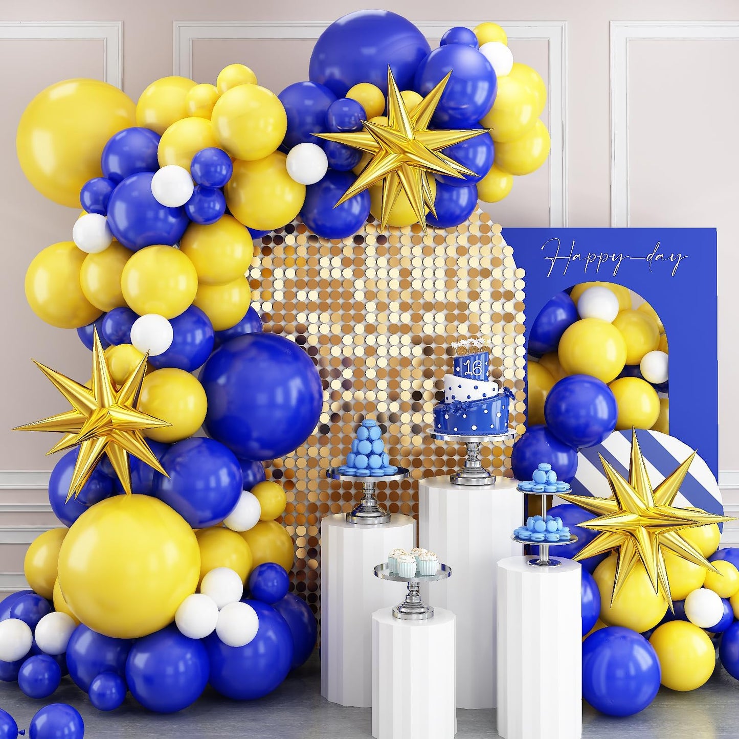 Blue And Yellow Balloon Arch Kit, Royal Blue White Yellow Balloon Garland Kit Latex Baloons With 4D Foil Star Balloons For Baby