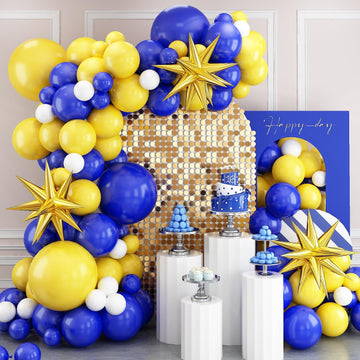 Blue And Yellow Balloon Arch Kit, Royal Blue White Yellow Balloon Garland Kit Latex Baloons With 4D Foil Star Balloons For Baby