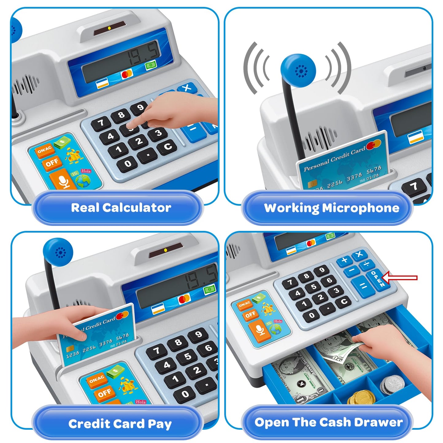 Calculator Cash Register - 103 Pcs Toy Cash Register, Store Set With Microphone, Credit Card And Banking For Kids, Early Math Sk