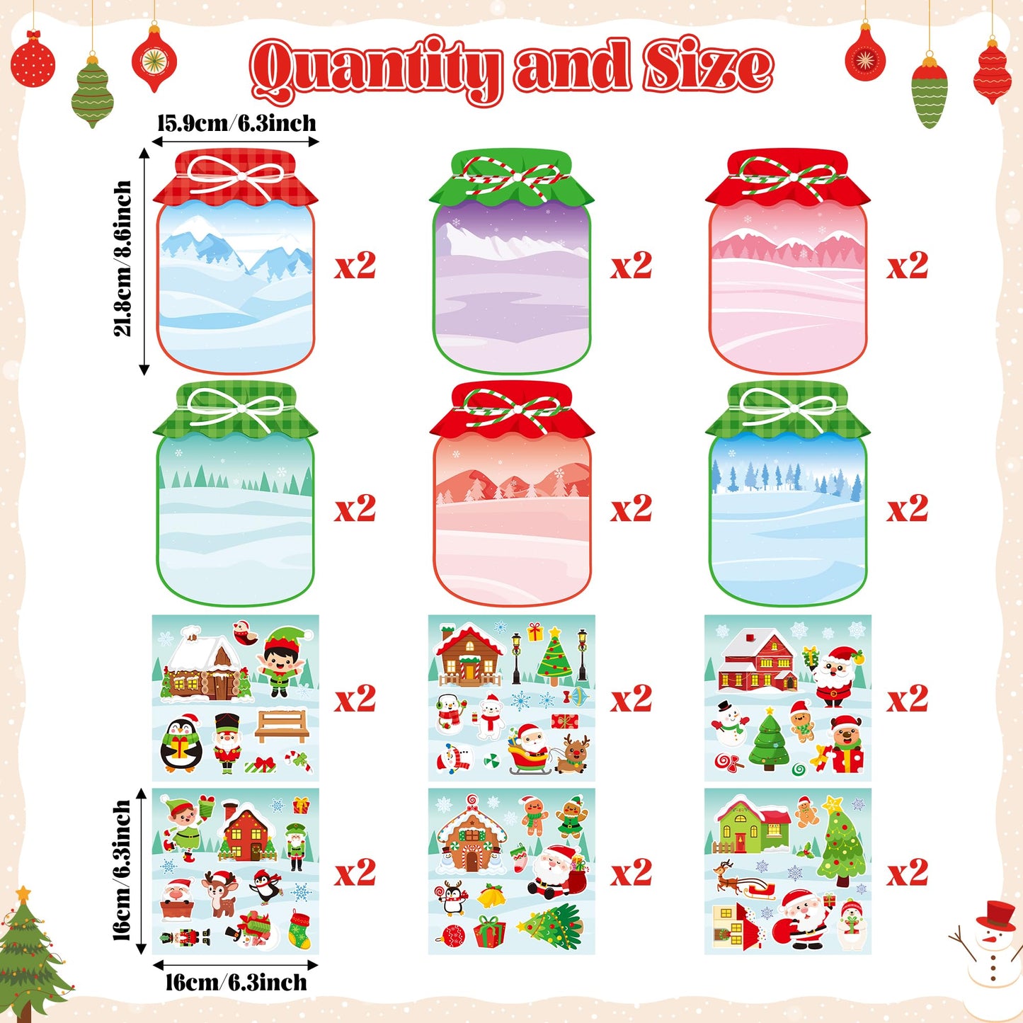 CY2SIDE Christmas Snowy Jar Scene Sticker - 12 Set Red and Green Winter Sticker Art Craft for Kids Holiday Project, Make a Snowy