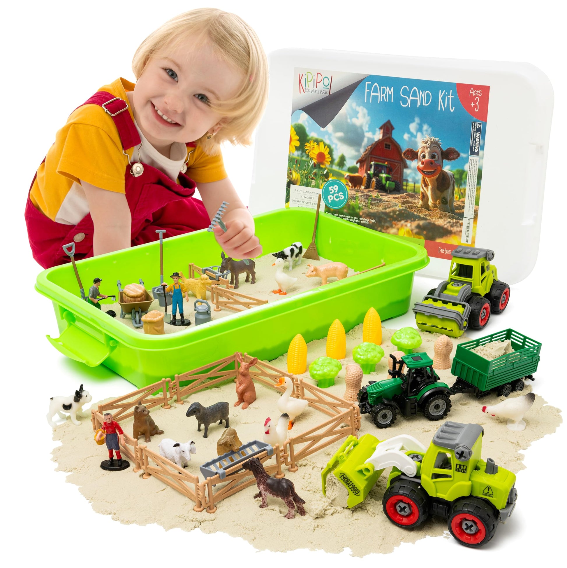 59 PCS Farm Sensory Bin - Sandbox with Lid, 2.2 LB Sensory Sand Kit for Boys, Toddler Farm Toys, 3 Take Apart Construction Truck
