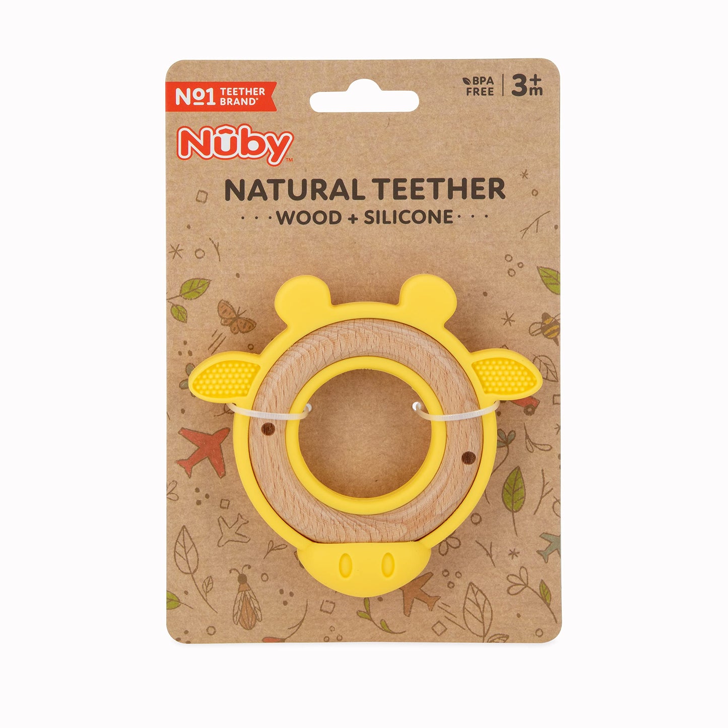 Nuby Natural Wood Teether With Soft Silicone, Minimalist Design Easy To Clean, Giraffe Yellow