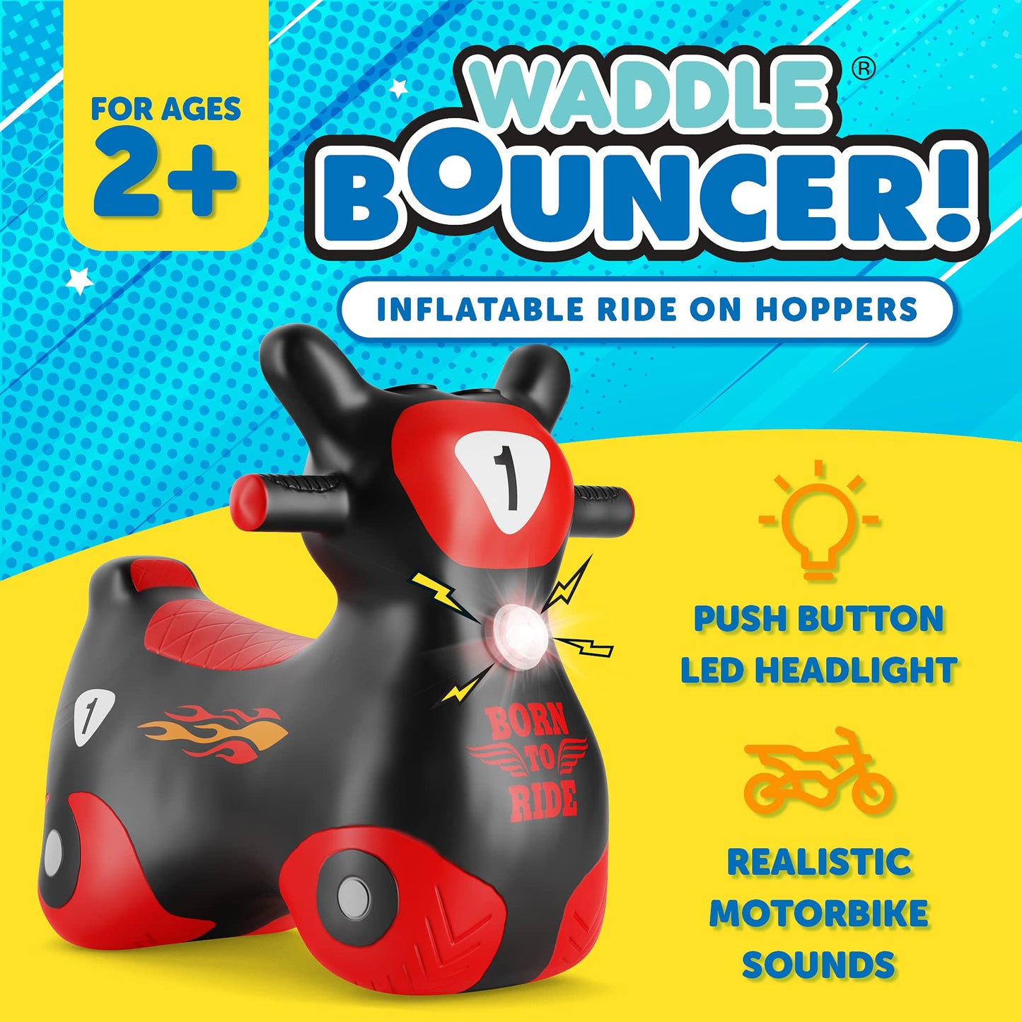 Waddle Bouncy Hopper Inflatable Hopping Toy Scooter, Indoors And Outdoor Toy For Toddlers And Kids, Boys And Girls Ages 2 Years And Up (Black/Red Zoomer)