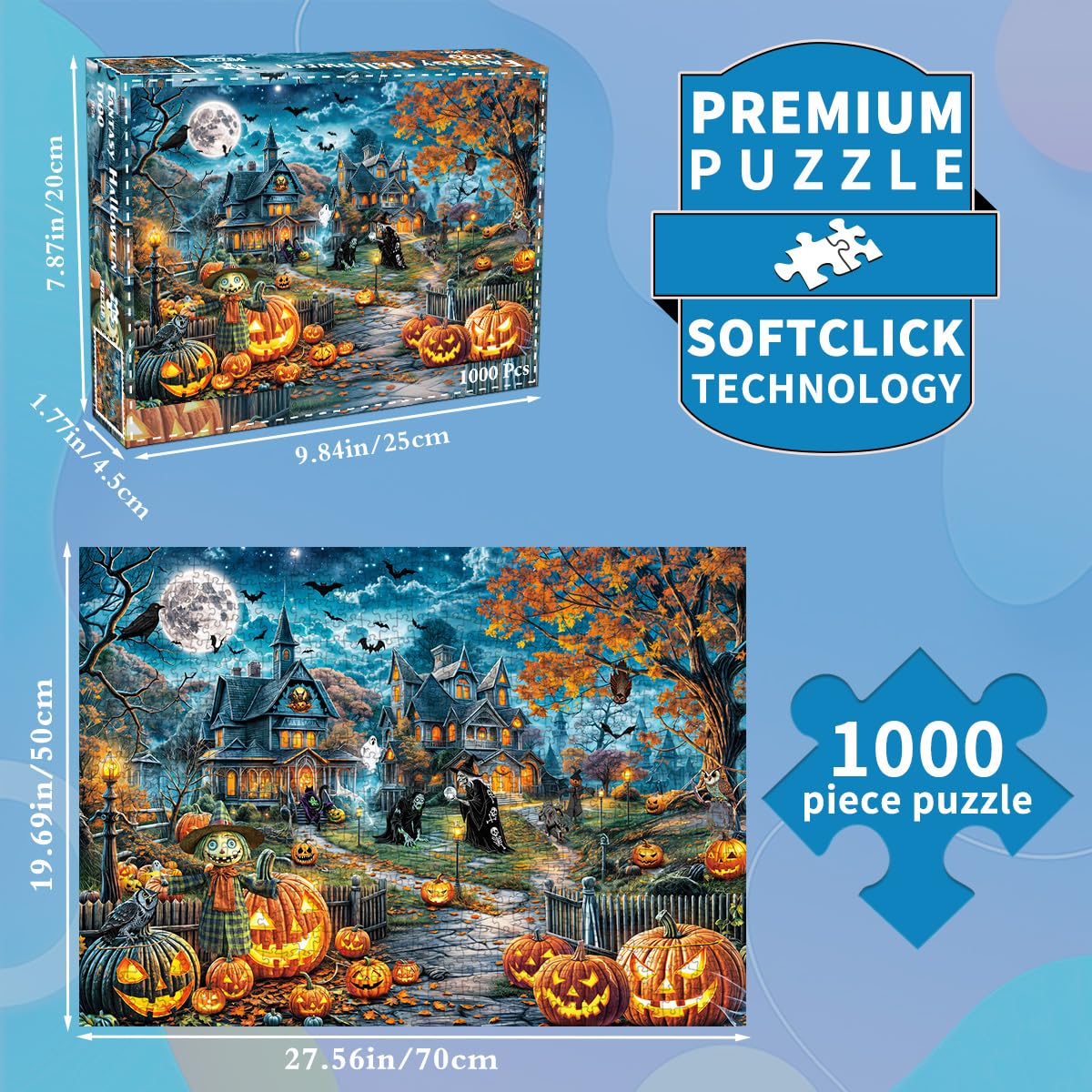 Halloween Puzzle for mature-themeds 1000 Pieces Bats Full Moon Haunted House Witches Pumpkins Jigsaw Puzzles for mature-themeds and Kids 1000 Piece Dark Fantasy Halloween Scene