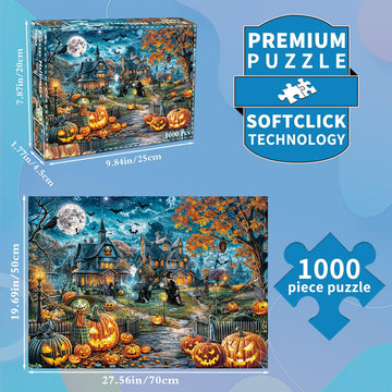 Halloween Puzzle for mature-themeds 1000 Pieces Bats Full Moon Haunted House Witches Pumpkins Jigsaw Puzzles for mature-themeds and Kids 1000 Piece Dark Fantasy Halloween Scene