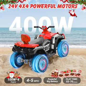 Elemara 24V 2 Seater Kids Ride-On Electric Atv,4 Wheeler Kids Quad Electric Car With Total 400W Motors, 5Mph Max Speed, 2 Charging Ports, Led Headlights, Music, Radio, Ride On Toys For Big Kids, Red