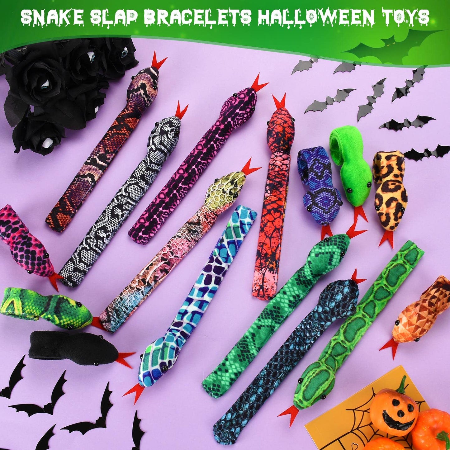 WhistenFla 16Pcs Snake Slap Bracelets, Reptile Party Favors Snake Snap Bracelet Fuzzy Animal Slap on Bracelet for Kids Reptile B