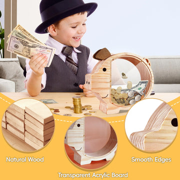 Lulrsay Wooden Piggy Bank for Kids – Unbreakable Coin Bank with DIY Name Stickers, Perfect for Boys & Girls Birthday Decor