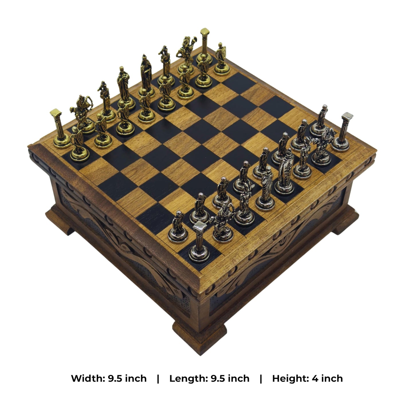 Wooden Chess Set with Storage - Handcrafted Chess Board and British Figure Metal Chess Pieces - Decorative Chess Game for mature-themeds & Kids - enhanced Gift for Family & Friends (Gold Chess Pieces)