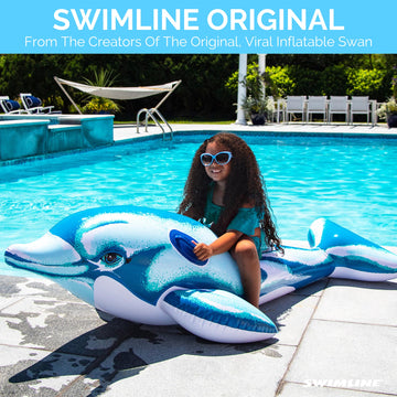 Swimline Original Inflatable Dolphin Pool Float Floatie Ride-On For Swimming Pools | Large Rideable Blow Up Summer Beach Swimmin