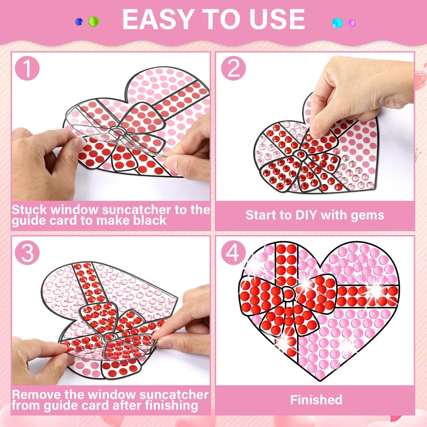 Qyeahkj 6 Pcs Valentines Day Arts Crafts DIY Heart Bear Gem Diamond Suncatcher Crafts for Kids Valentines Diamond Painting Gift