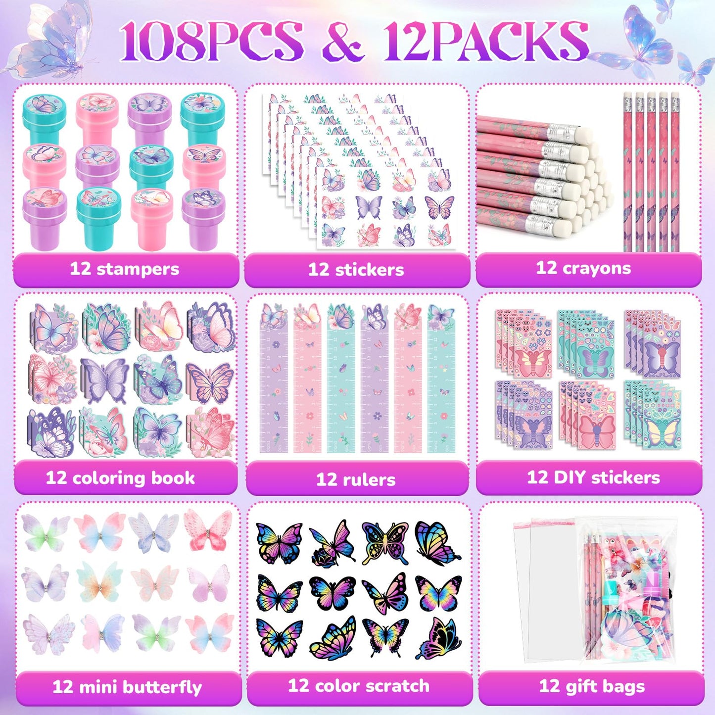 BenLouis 108Pcs Butterfly Party Favors Butterfly Fairy School Stationery Set Bulk for Kids Spring Flower Tea Birthday Birthday G