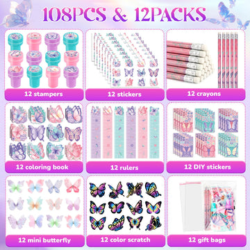 BenLouis 108Pcs Butterfly Party Favors Butterfly Fairy School Stationery Set Bulk for Kids Spring Flower Tea Birthday Birthday G