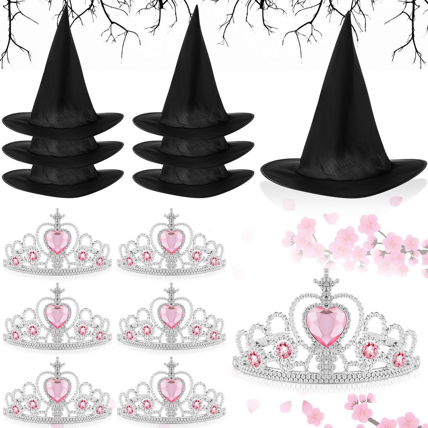 Tarpop 12 Pcs Witch Hat and Princess Crown Set, Royal Queen Crown and Black Wizard Hats for Pink Green Party Decor favor Gift(Cu