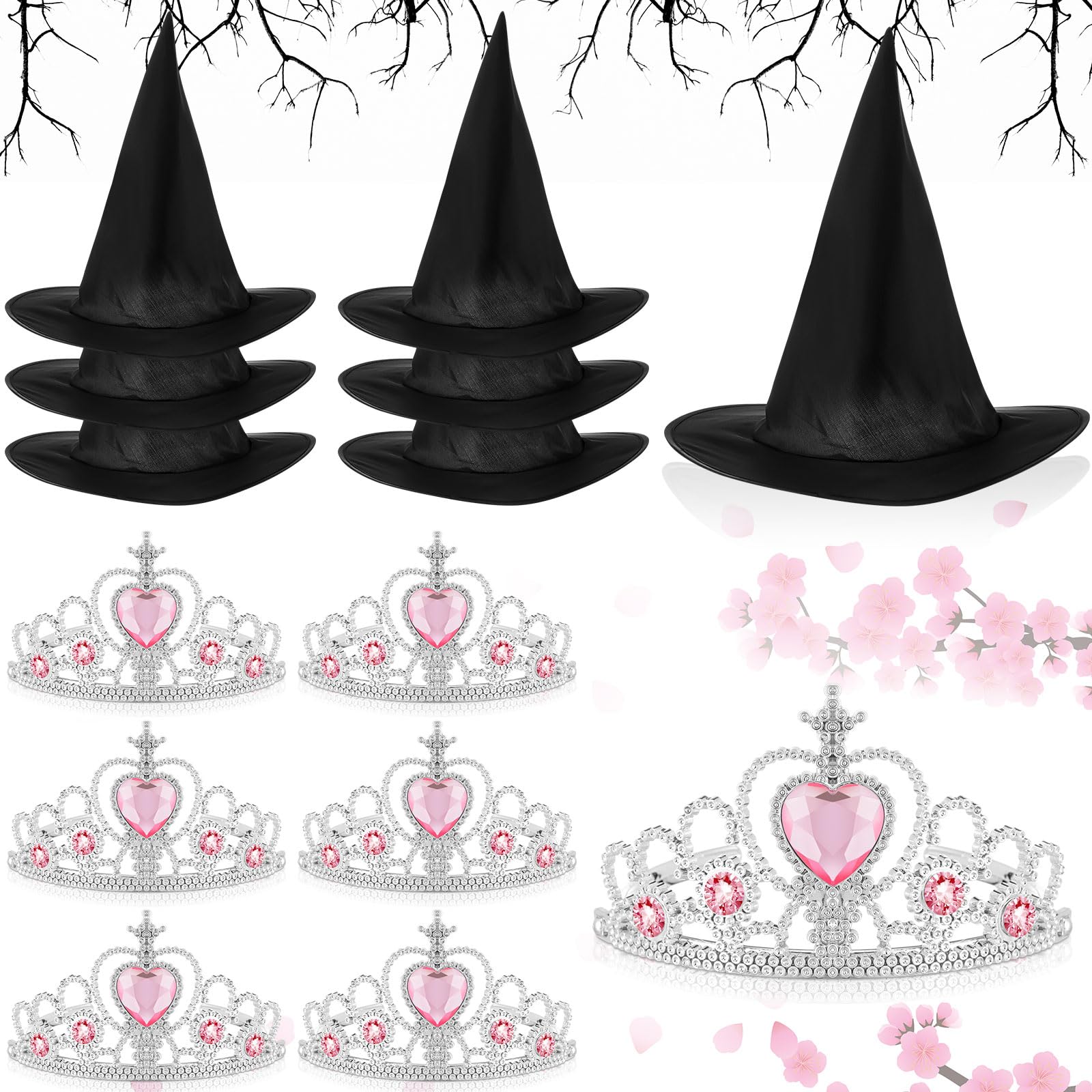 Tarpop 12 Pcs Witch Hat and Princess Crown Set, Royal Queen Crown and Black Wizard Hats for Pink Green Party Decor favor Gift(Cu