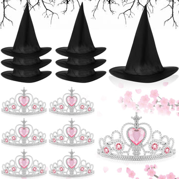 Tarpop 12 Pcs Witch Hat and Princess Crown Set, Royal Queen Crown and Black Wizard Hats for Pink Green Party Decor favor Gift(Cu