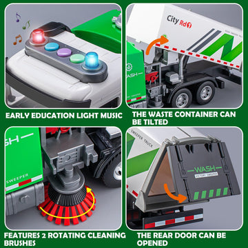 Street Sweeper Truck with Open-able Doors, 11.5'' Big Trash Truck with Lights and Sounds, Friction Powered Garbage Truck Toys Gi