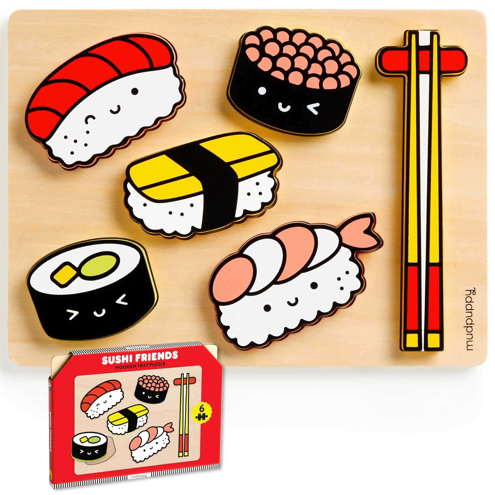 Mudpuppy Sushi Friends - Wooden Tray Puzzle with 6 Delicious Sushi Shaped Pieces and Plywood Tray for Babies and Toddlers