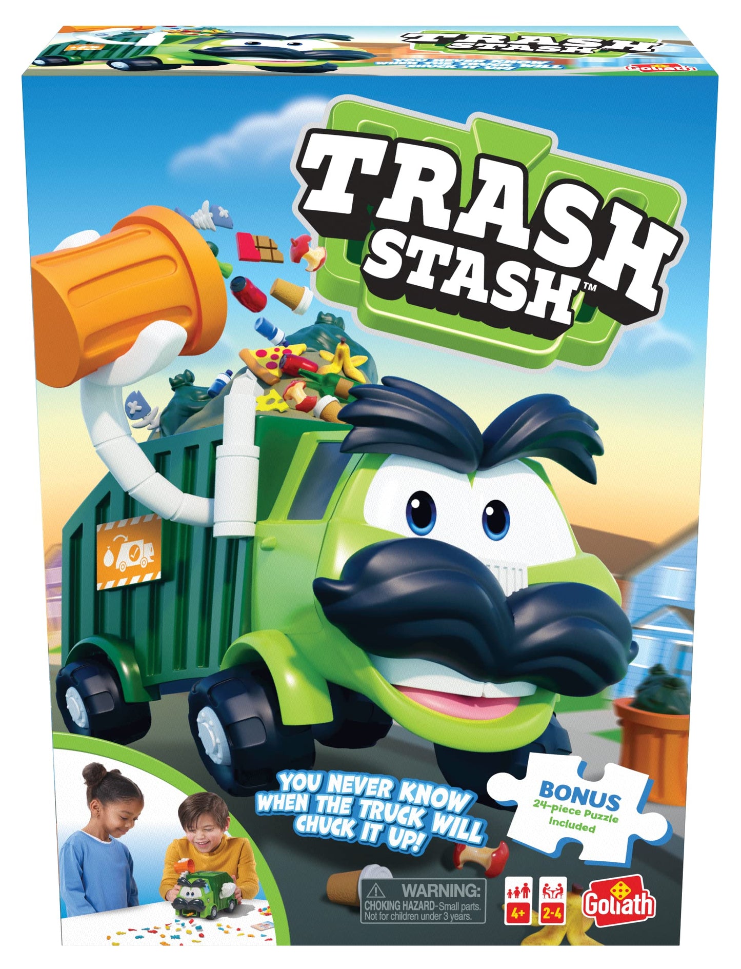 Goliath Trash Stash Game W/ 24Pc Puzzle - Fill Trashcan, Watch It Dump Into Garbage Truck Or Truck Chucks It Up - Includes 24-Piece Puzzle