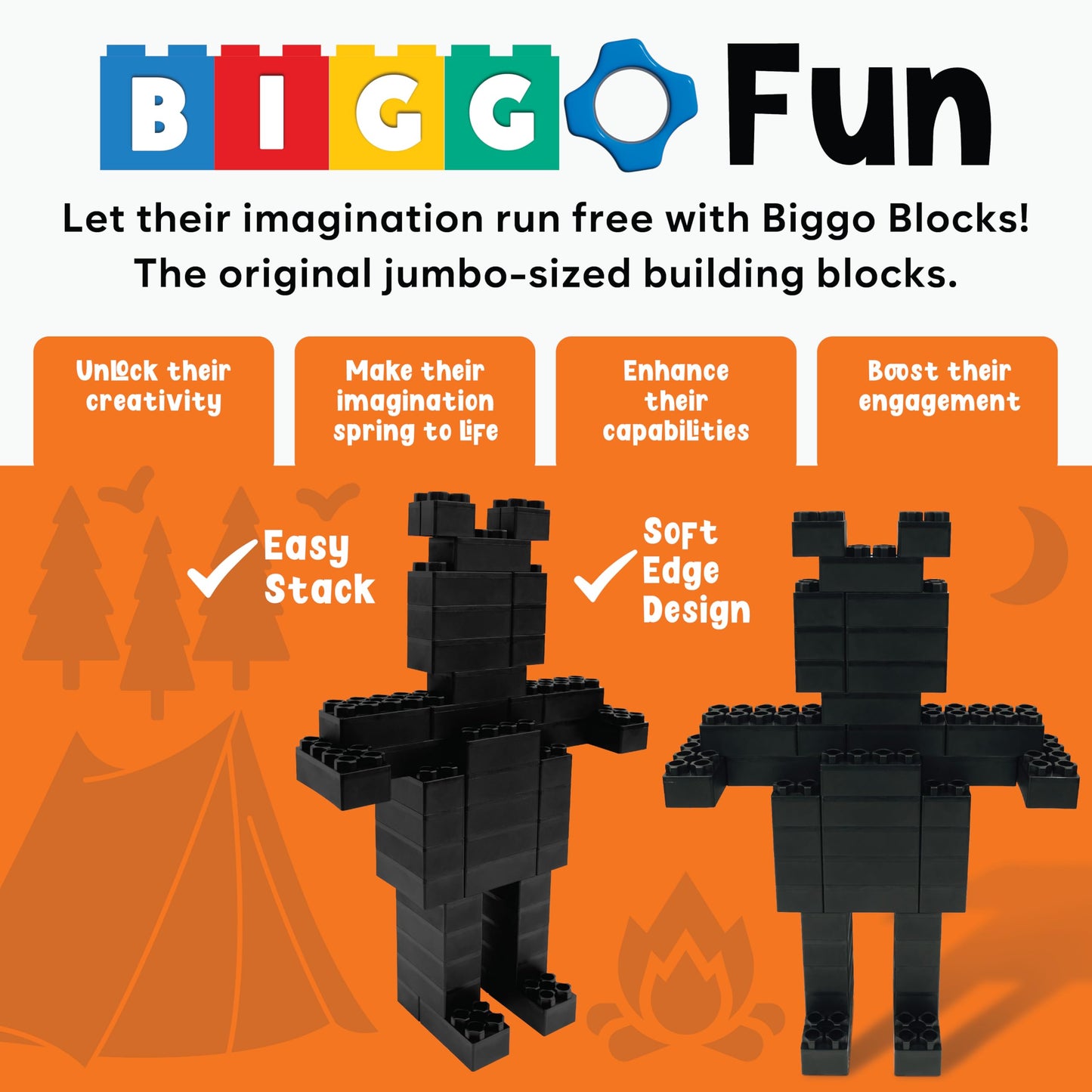 Big Blocks For Kids Ages 4-8 - Indoor & Outdoor Blocks Kids Games - Black Large Building Blocks - 48 Pc