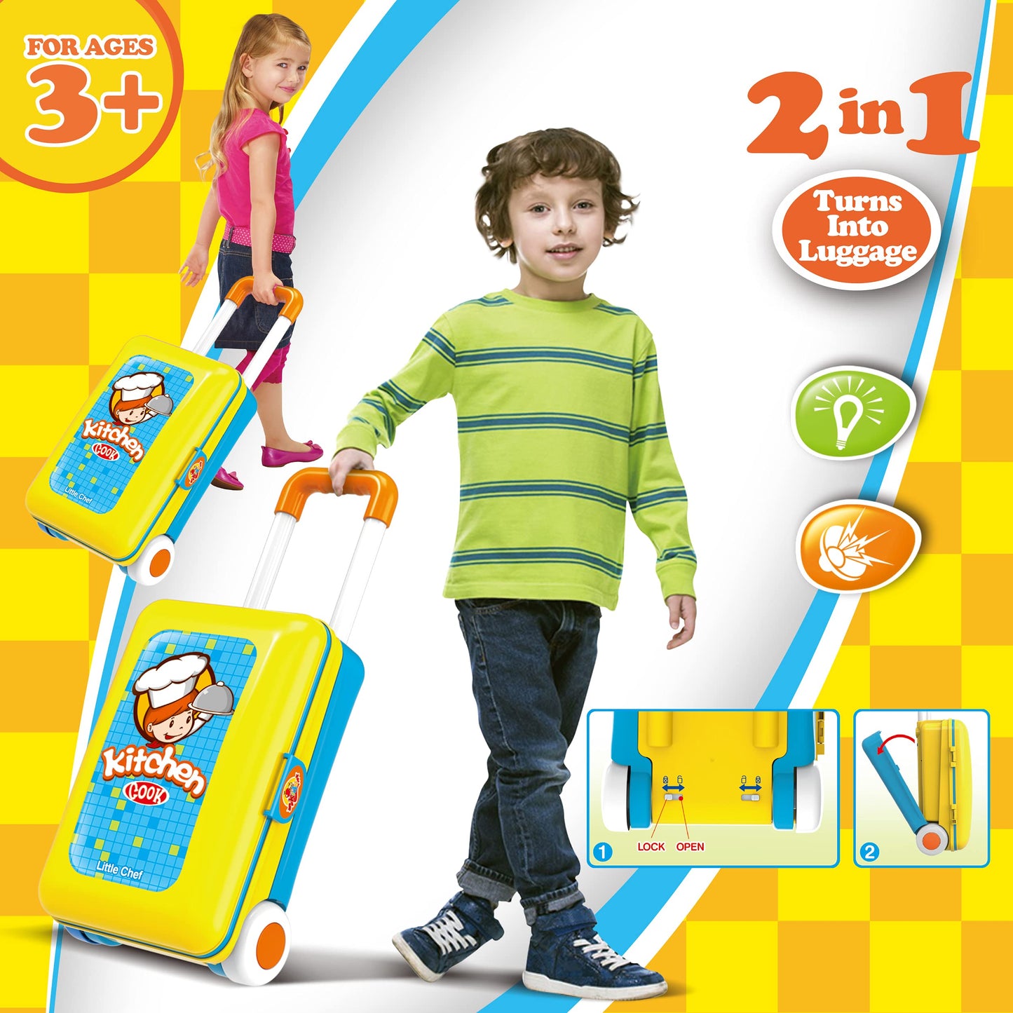 Toy Chef 2-in-1 Travel Suitcase Kitchen Set for Children | Includes Toy Pots, Pans, Dishes, Utensils & Foods ABS Plastic Pretend